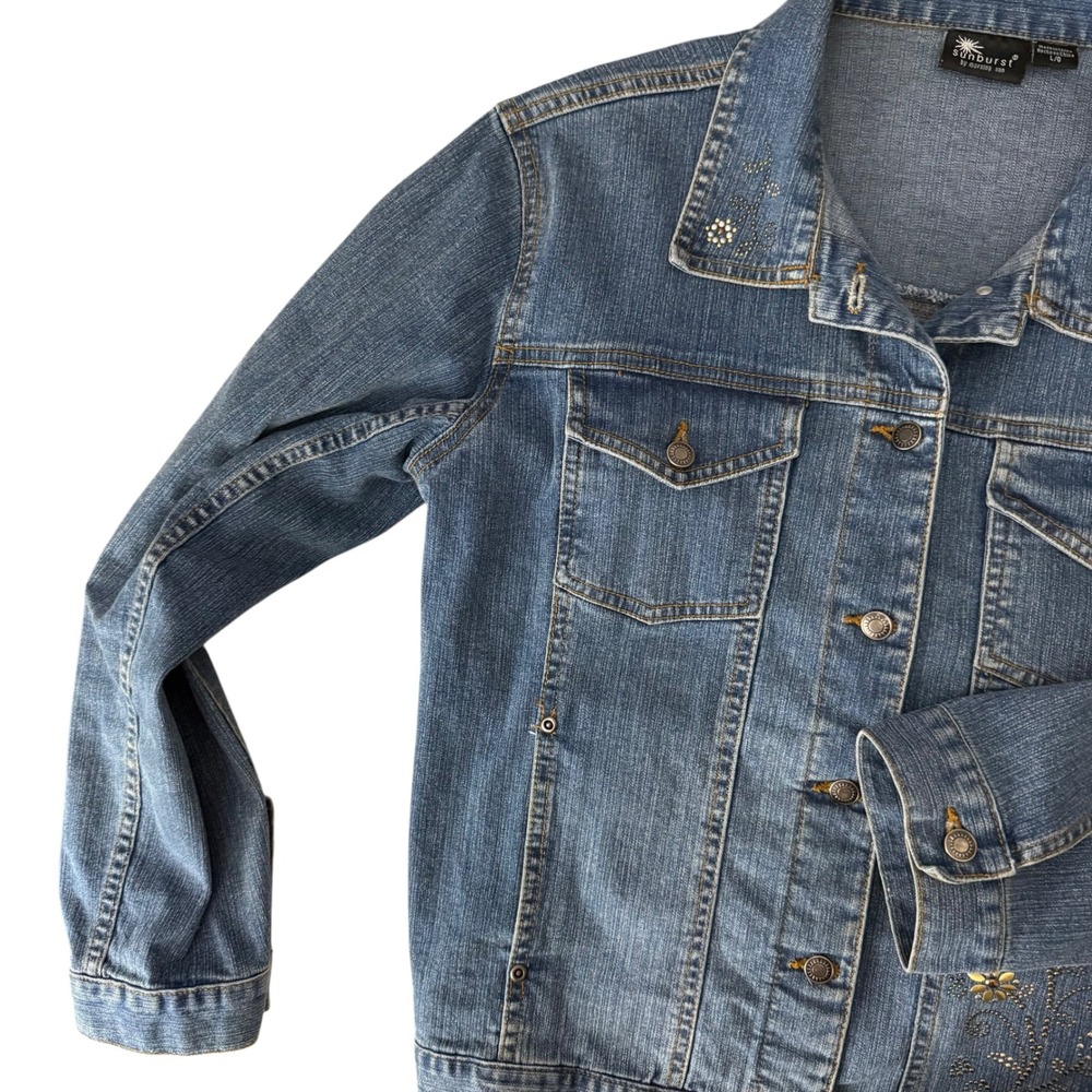 90's Sunburst Denim Jacket Women L Blue Floral Studded Rhinestone Trucker Coat - Picture 16 of 16